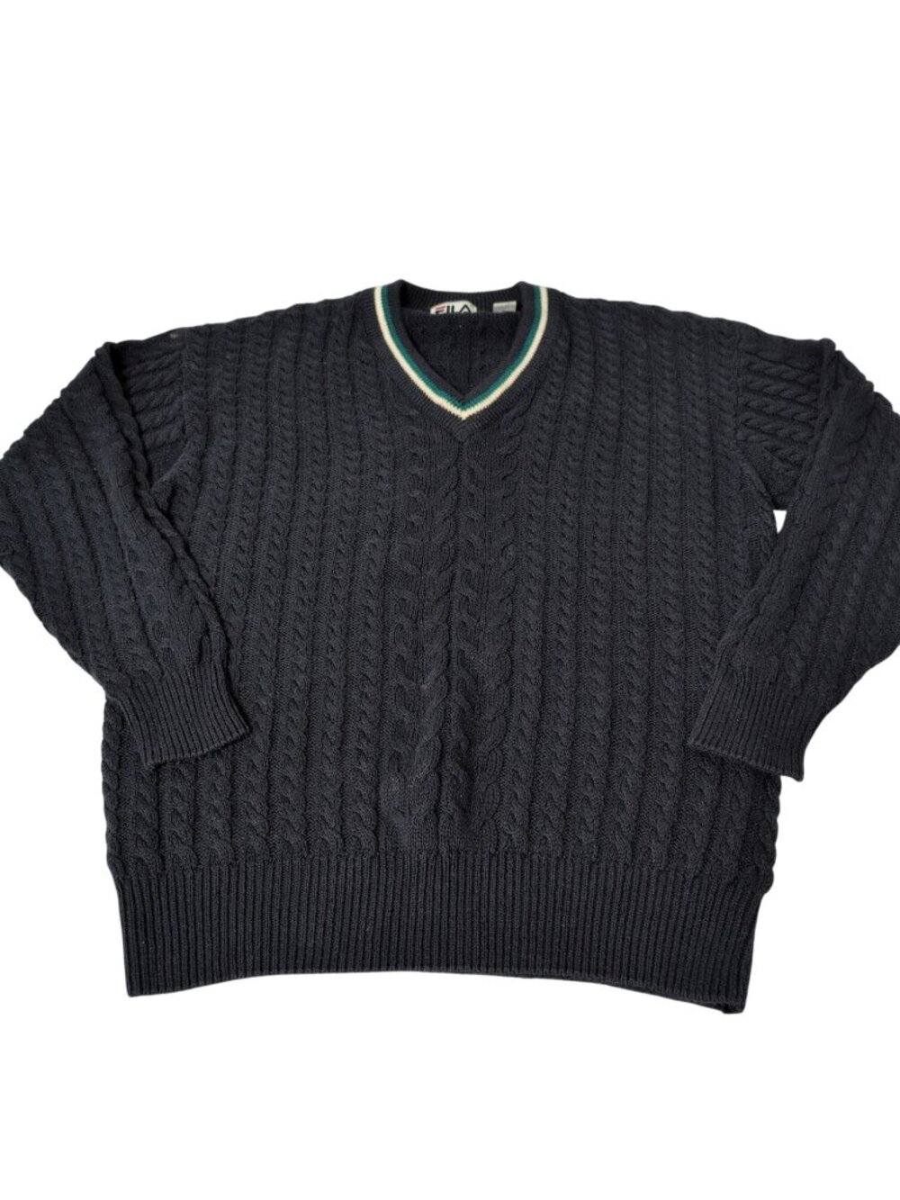 Vintage Fila Tennis Sweater Mens Size Large Blue Cable Knit V Neck Preppy Cotton